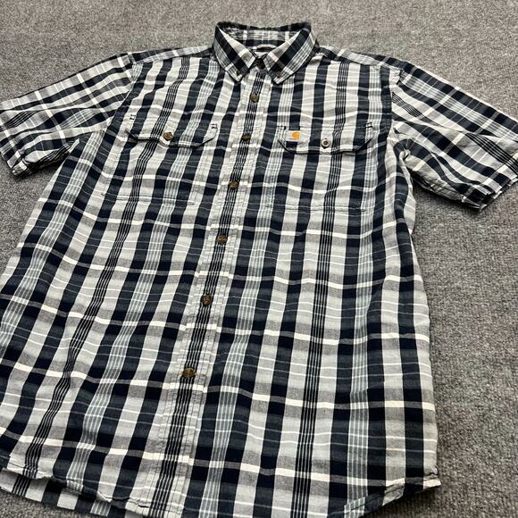 Carhartt Shirt Mens M Gray Navy Plaid Relaxed Workwear Short Sleeve Button Down - Picture 3 of 9
